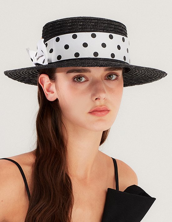 [멜라밀라] 도트 리본 왕골 보터햇