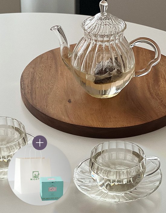 [니코트] 내열유리 플리츠 티팟+커피잔 선물세트 (단품)
