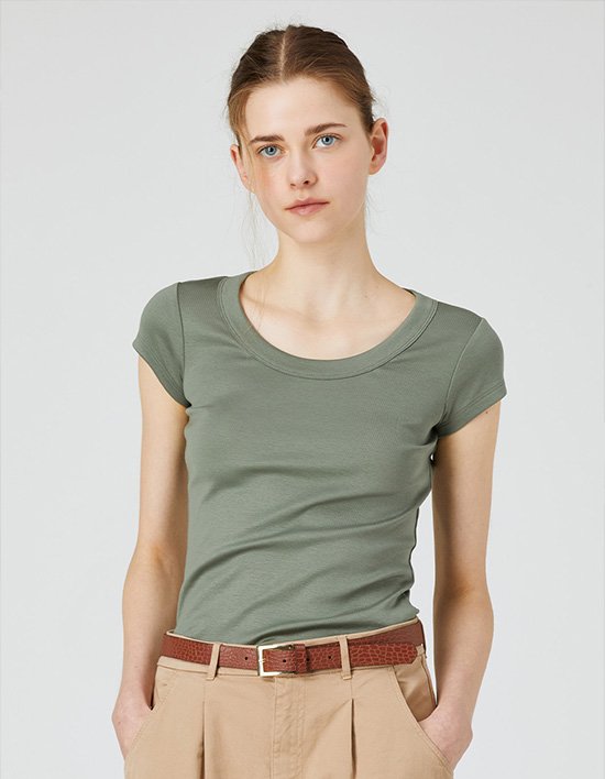 [와이잭] W_립 U넥 슬림 핏 반소매 티셔츠 6종 (택1)