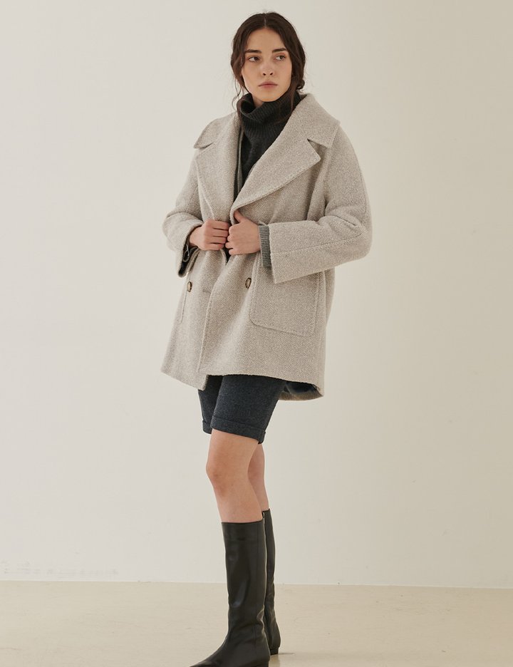 [피브레노] 오버사이즈 하프 코트 - 부클 라이트 그레이