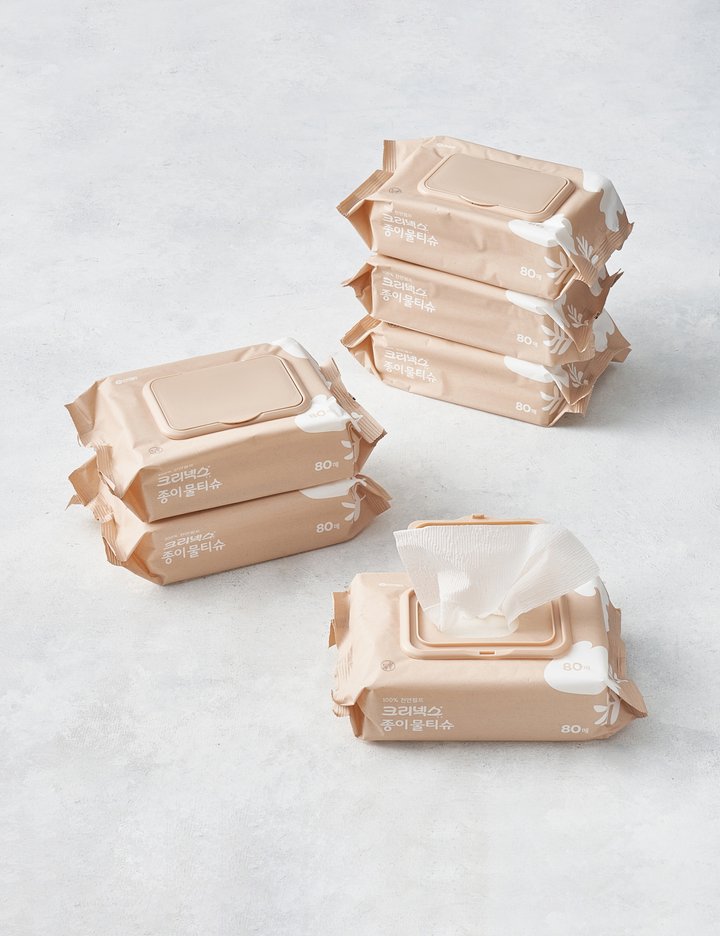 [크리넥스] 천연펄프 종이물티슈 캡형 (80매 x 6팩)