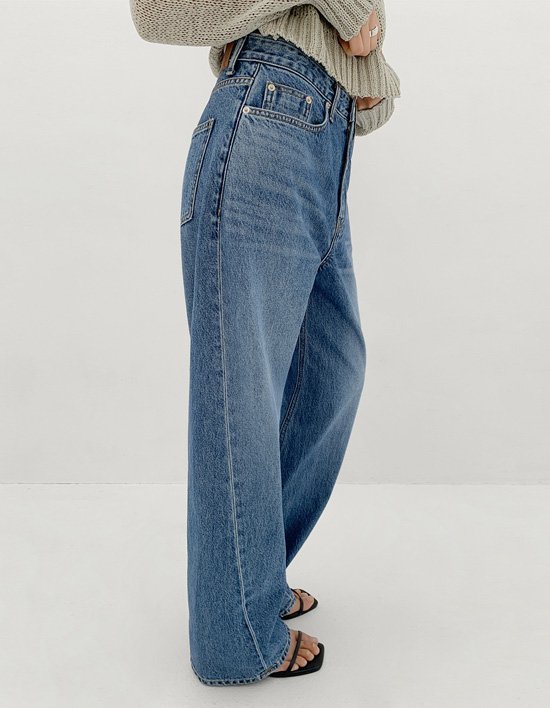 [ONE] 사선 와이드 데님_진청