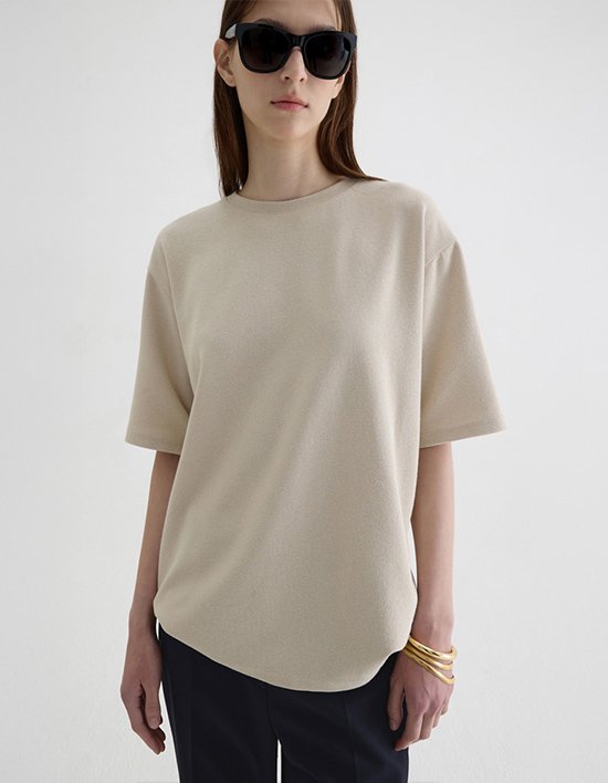 [ONE] 골지 오버 반팔 티_샌드베이지