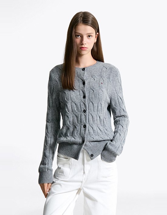 [타미힐피거 우먼] 소프트 울 케이블 크루넥 가디건 MID GREY