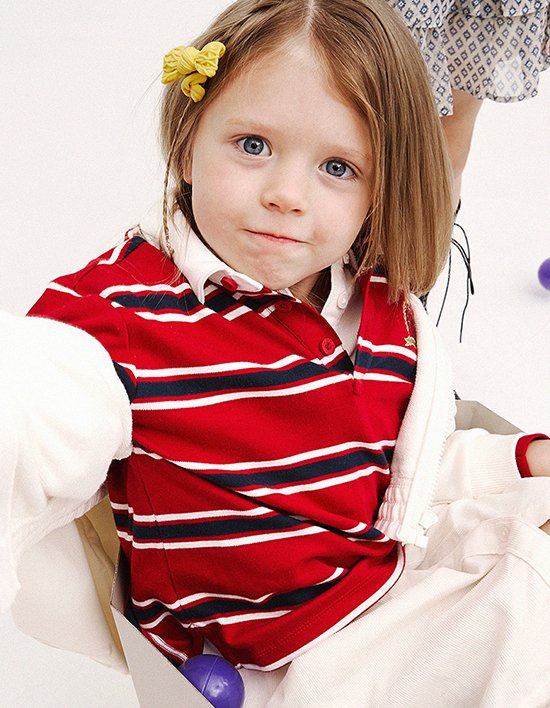 [타미힐피거 키즈] 인터록 스트라이프 럭비 티셔츠 MEDIUM RED