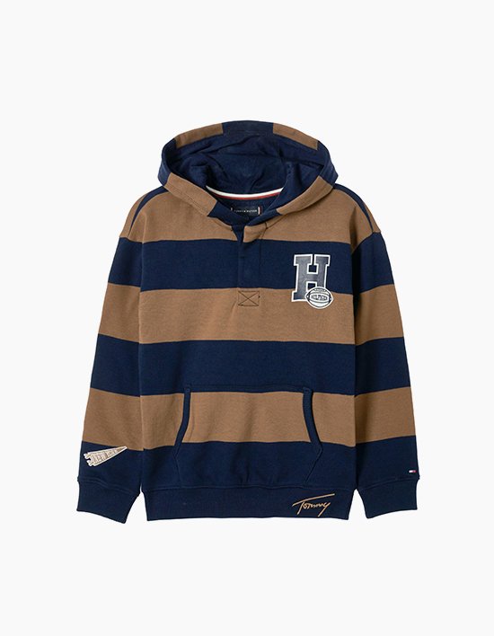 [타미힐피거 키즈] 바시티 스트라이프 버튼 후디 PECAN NUT ST