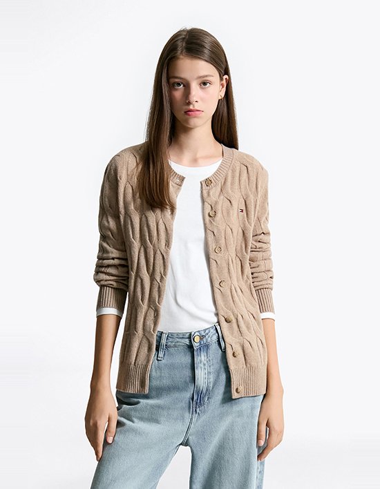 [타미힐피거 우먼] 소프트 울 케이블 크루넥 가디건 BEIGE