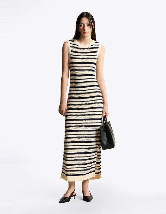 [타미힐피거 우먼] 크로쉐 스트라이프 스웨터 원피스 SAND DUNE/DARK STP