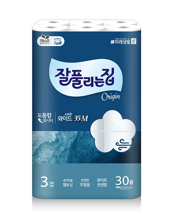 [잘풀리는집] 3겹 더도톰한 와이드 화장지(35m x 30롤, 너비107mm)