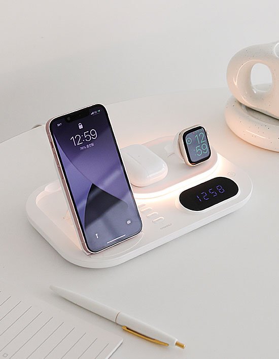 [무아스] 올라운더 4 in 1 고속 무선충전 무드등 시계