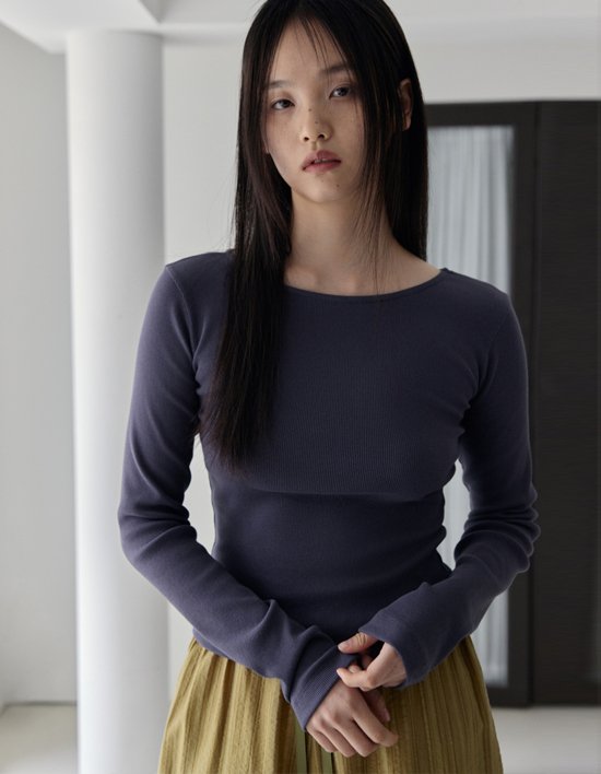 [38컴온커먼] 리브드 보트넥 슬림 티셔츠 (더스티 네이비)