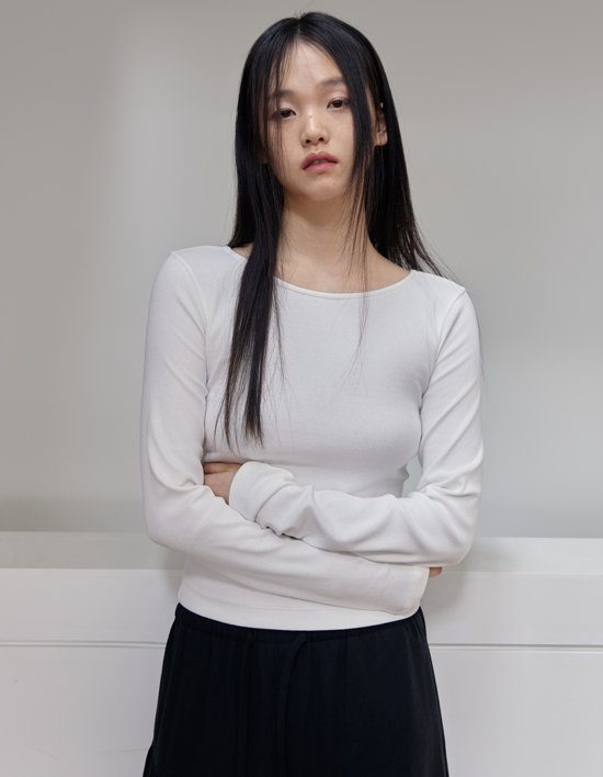 [38컴온커먼] 리브드 보트넥 슬림 티셔츠 (화이트)