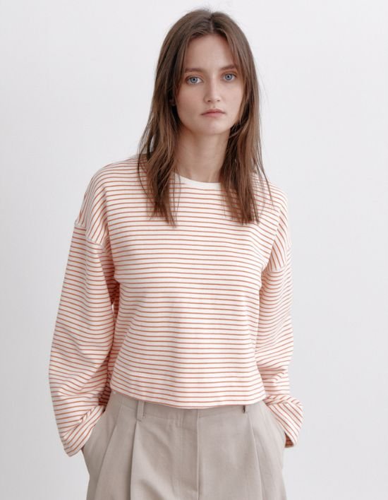 [오쿠카] 스트라이프 크롭 탑 - 오렌지 (FREE)