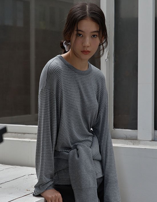 [38컴온커먼] 소프트 루즈 스트라이프 티셔츠 (멜란지 그레이)