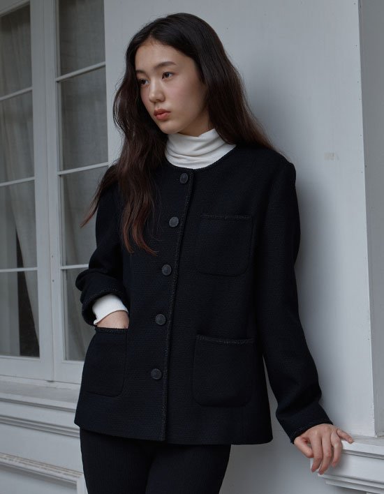 [38컴온커먼] 리파인드 프린지 트위드 자켓 (블랙)