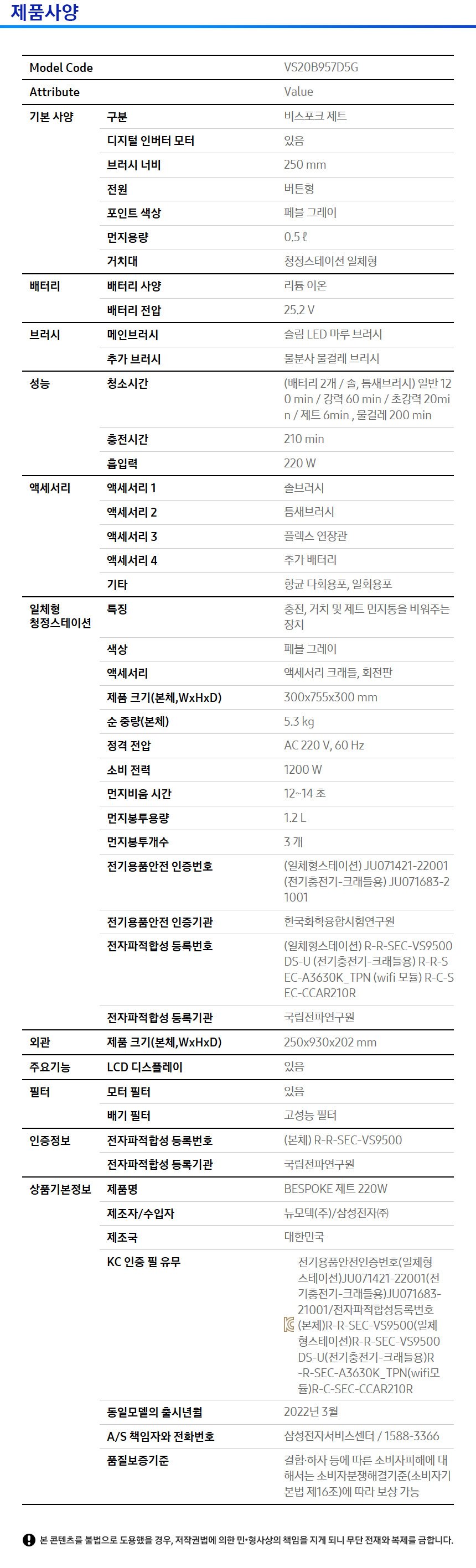 [삼성전자] 비스포크 제트 무선청소기 220W VS20B957D5G 페플그레이 - 마켓컬리